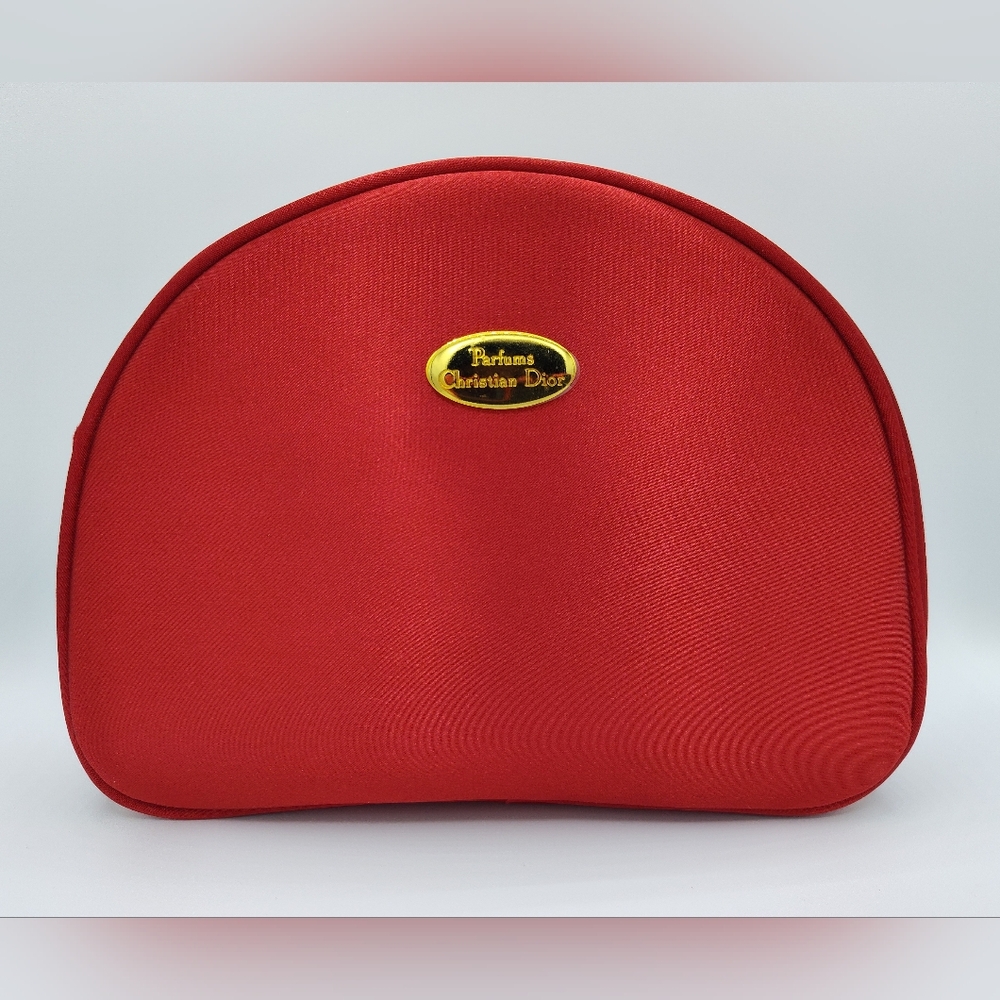 Early 1990s Vintage DIOR Parfum Red Satin Vanity Gold Plaque Vanity Makeup Bag